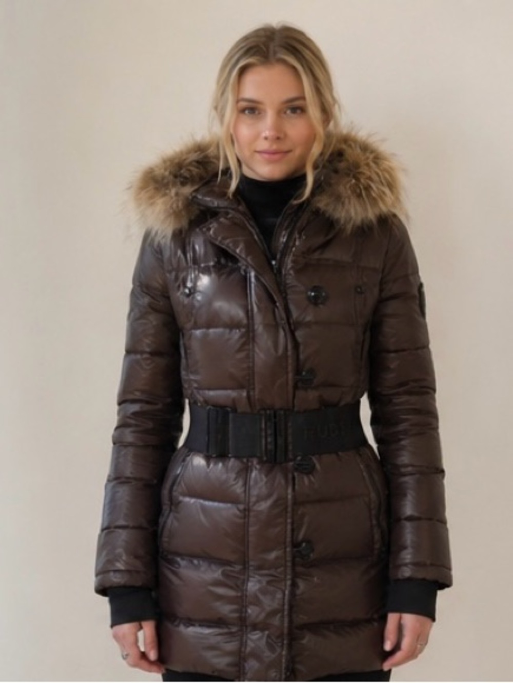 RUDSAK Dark Brown Quilted Puffer Coat with Fur-Trimmed Hood